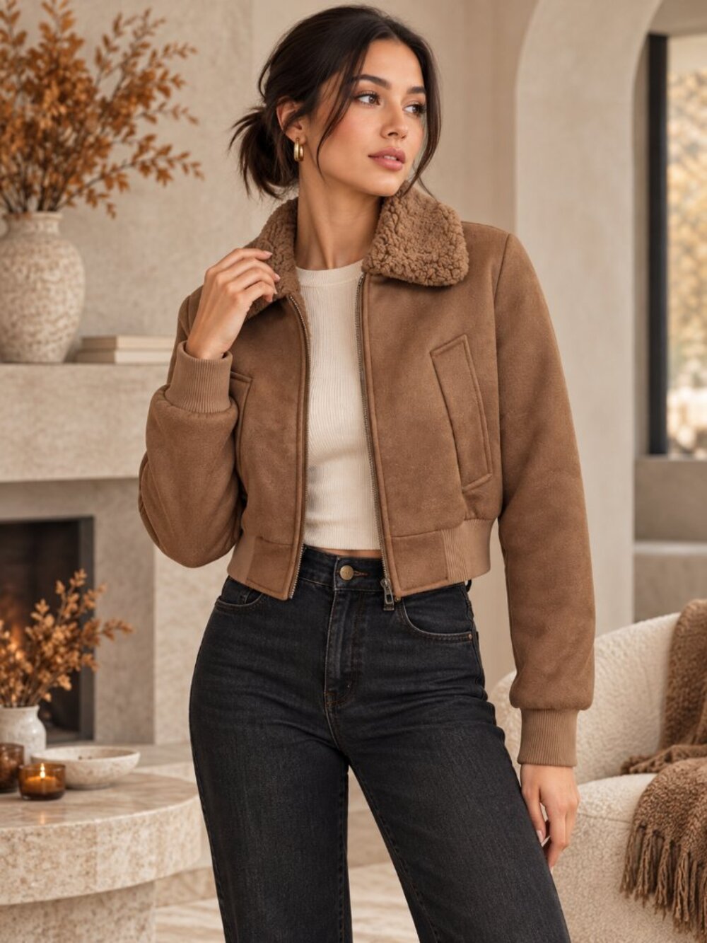 Brown Faux Suede Teddy Lined Cropped Jacket L NWT